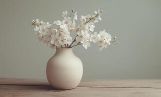 ai generiert Weiß Blumen im ein Vase auf ein hölzern Tabelle gegen ein grau Hintergrund foto