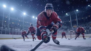 ai generiert Eishockey Spieler abspielen Eishockey beim das Eishockey Stadion foto