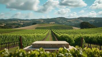 ai generiert minimalistisch Podium im heiter Weinberg Landschaft foto