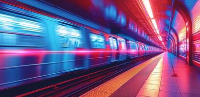 ai generiert ein U-Bahn Zug im Bewegung ist anhalten beim ein Bahnhof foto