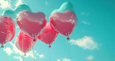 ai generiert mehrere Herz geformt Luftballons fliegend im das Himmel foto