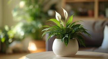 ai generiert ein Weiß eingetopft Pflanze ist Sitzung auf ein Tabelle foto