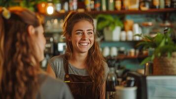 ai generiert ein heiter Barista einnehmend im Konversation mit ein Gast beim das Bar Zähler foto