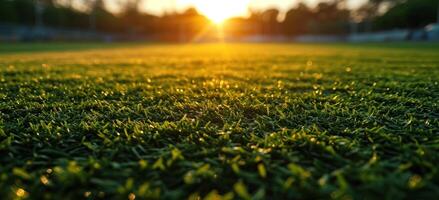 ai generiert schließen oben von Grün Fußball Feld beim Sonnenuntergang Zeit foto