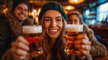 ai generiert glücklich freunde Trinken Bier im Kneipe zusammen foto