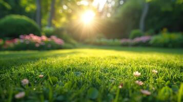 ai generiert schön Hintergrund Grün verschwommen Sommer- Rasen foto