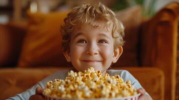 ai generiert das Junge aß ein Eimer von Popcorn und es war zerrissen in klein Stücke foto