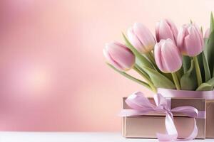 ai generiert Rosa Tulpen und Geschenke auf Rosa Hintergrund foto