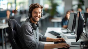 ai generiert ein Kunde Unterstützung Vertreter assistieren Kunden auf ihr Desktop Computer im ein Büro Rahmen foto