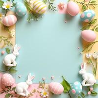 ai generiert ein Ostern-Thema Foto Rand mit pastellfarben Eier und wunderlich Hase Silhouetten