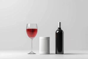ai generiert ein Glas mit rot Wein und ein Flasche gegen Weiß Hintergrund, foto