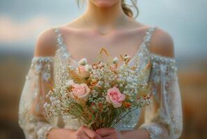 ai generiert Blume Strauß und Hochzeit Kleid foto