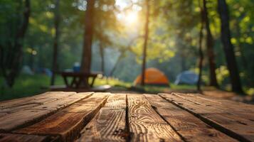 ai generiert Wald Campingplatz beim Dämmerung foto