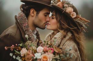 ai generiert ein Paar küssen während halten Blume Krone foto