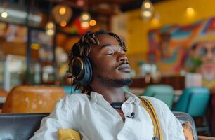 ai generiert Mann im Kopfhörer im ein Cafe mit Weiß Hemd Hören zu Musik- foto