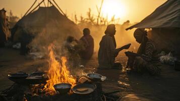 ai generiert Gruppe von Krieg Immigrant Kochen ein einfach Mahlzeit Über ein Lagerfeuer im ein provisorisch Siedlung foto