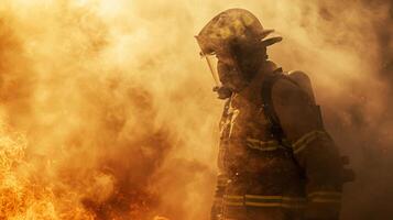 ai generiert Feuerwehrmann mit Rauch und Flamme Hitze Opfern im Notfall Dienstleistungen foto