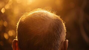 ai generiert ein Mann erleben Haar Verdünnung mit das golden Sonnenlicht Altern und Haar Verlust. foto