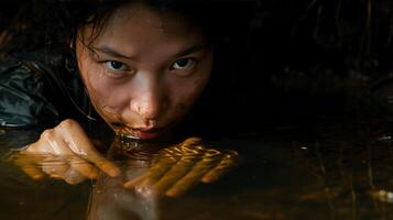 ai generiert global Erwärmen ein Chinesisch Frau im schmutzig verschmutzt Wasser foto
