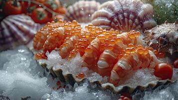 ai generiert verschiedene gefroren Meeresfrüchte, Garnele, Fisch Eier, Krabbe, fotografiert schließen hoch. foto