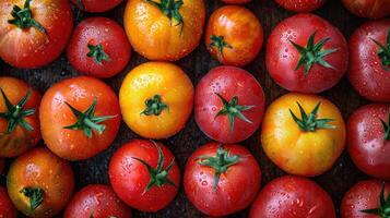 ai generiert Tomate Hintergrund. frisch Tomaten kreativ vereinbart worden, ein künstlerisch Layout zu Vitrine Farbe und Form. foto