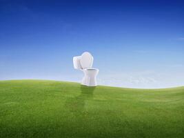 Toilette Schüssel auf Grün Wiese auf klein Hügel und Blau Himmel mit Wolken foto