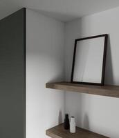 winzig und minimalistisch dunkel hölzern Rahmen Attrappe, Lehrmodell, Simulation auf das hölzern Küche Regal mit schön Dekoration foto
