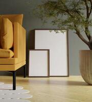 ästhetisch hölzern Rahmen Attrappe, Lehrmodell, Simulation Poster im das modern Innere mit Sofa Möbel und Pflanze Dekoration foto