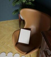 30x40 hölzern Rahmen Attrappe, Lehrmodell, Simulation Poster Stehen auf das Orange Ei Stuhl im das Innere foto