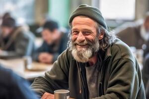 ai generiert mitfühlend Essen - - obdachlos Freude im ein Freiwillige Kantine foto