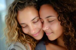 ai generiert zwei glücklich lächelnd jung Frauen im liebend Umarmung foto