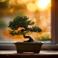 ai generiert Bonsai Baum im ein minimalistisch Zimmerpflanze Topf foto