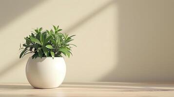 ai generiert ein Weiß Haus Pflanze Topf Sitzung auf ein hölzern Tabelle foto