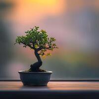 ai generiert Bonsai Baum im ein minimalistisch Zimmerpflanze Topf foto