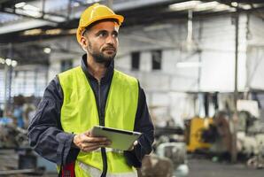 Ingenieur aussehen Projekte und Planung mit Tablette Handy, Mobiltelefon im Fabrik foto