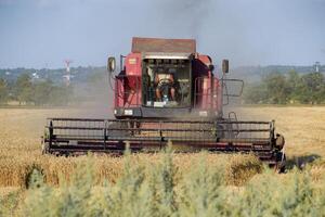 das alt kombinieren Mähdrescher Ernten Weizen. landwirtschaftlich Maschinen. foto