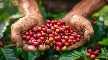 ai generiert roh Kaffee Sein gepflückt im durch Mensch Hände bedeckt im Schmutz foto