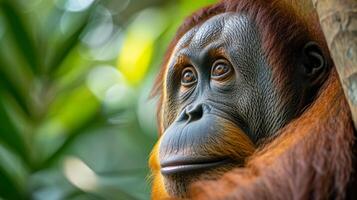 ai generiert ein Bild von ein Orang-Utan im das Bäume foto