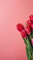 ai generiert Rosa Hintergrund mit Tulpen. kostenlos Raum zum Text foto