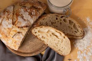 Komposition zum Restaurants oder Bäckereien mit Sauerteig Brot und Elemente benutzt zum es ist Vorbereitung. foto