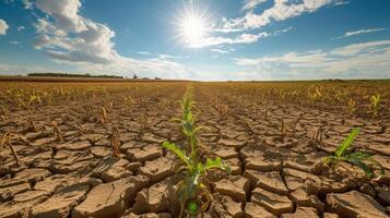 ai generiert global Erwärmen Feld mit geknackt Boden unter ein hell Sonne und wolkig Himmel. foto