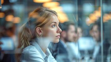 ai generiert ein düster Treffen im ein korporativ Büro mit Frauen ernst Gesichter. foto