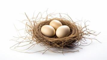 ai generiert ein Vogel Nest mit drei Eier isoliert auf Weiß foto