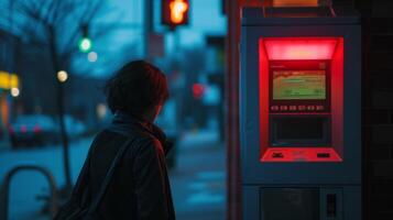 ai generiert Lauf aus von Geld Frau starren beim Geldautomat Bildschirm beim Nacht foto