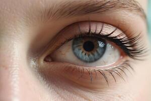 ai generiert schließen oben Schuss von ein weiblich Blau grau Auge mit lange Wimpern. Mensch Auge Bild zum Design, Kunstwerk, Vorlage foto