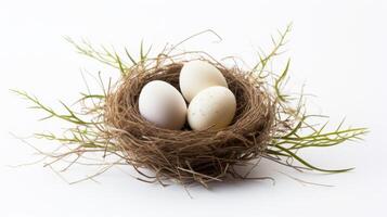 ai generiert Tier Rechte Konzept ein Vogel Nest mit drei Eier auf Weiß foto
