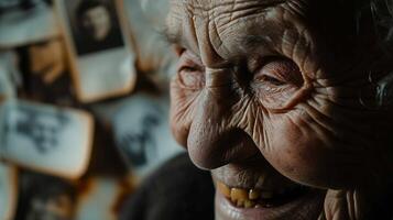 ai generiert schließen oben Alten alt Frau lächelnd traurig mit Gelb Zähne Familie fotografieren Hintergrund foto