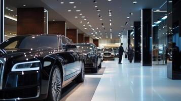 ai generiert Der Umsatz sich unterhalten im Luxus Auto Händler mit Potenzial Käufer und Fahrzeuge foto