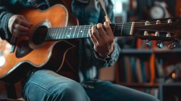 ai generiert Fachmann Musiker abspielen akustisch Gitarre im Zuhause Studio Musical Leidenschaft und Werdegang foto