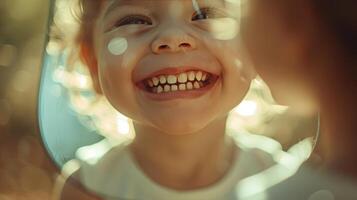 ai generiert regulär Dental prüfen oben im Kind Spiegel reflektieren Mädchen Lächeln Weiß Zähne Oral Gesundheit foto